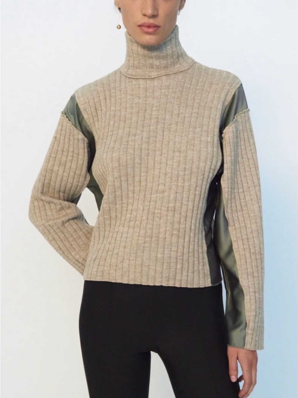 Zara High Collar Silk Knit Jumper Sweater Beige Brown Women Thick Mixed Medium